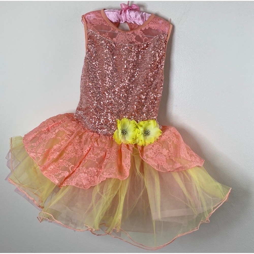 Weissman Kids Pink Yellow Sequin Lace Tutu Dance Costume MC With Hair Clip